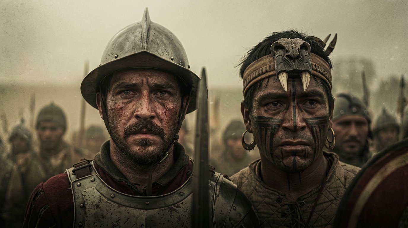 Soldado castellano y guerrero aliado frente a frente antes de la batalla