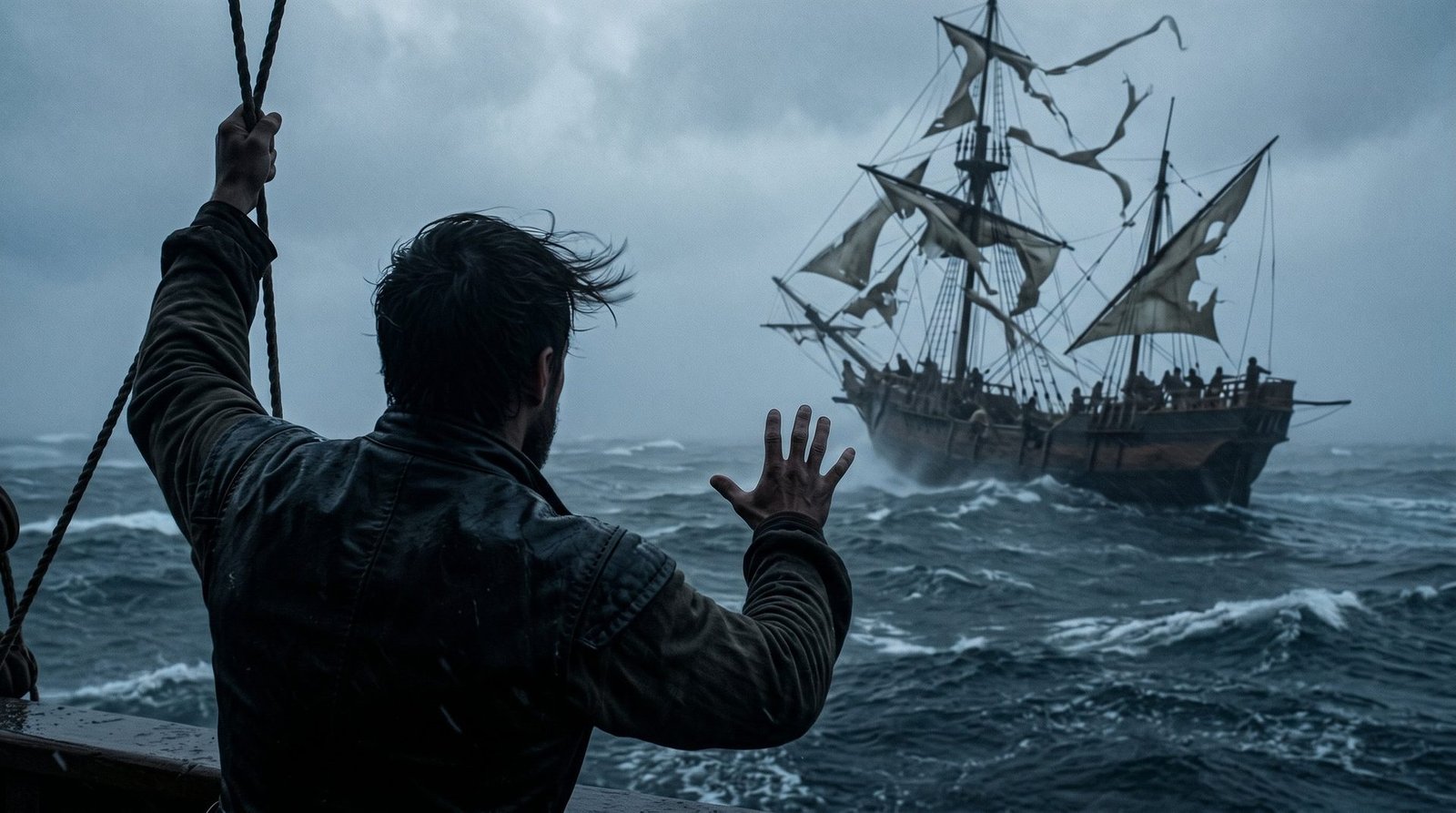 Marinero despidiendo a la carabela que se aleja en la tormenta