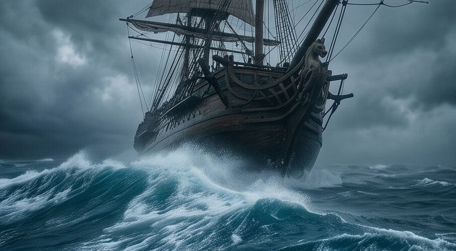 La proa de la carabela embistiendo las olas de la tormenta