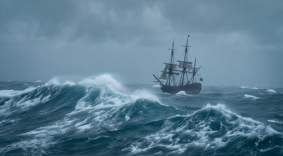La carabela San Lesmes entre olas gigantes