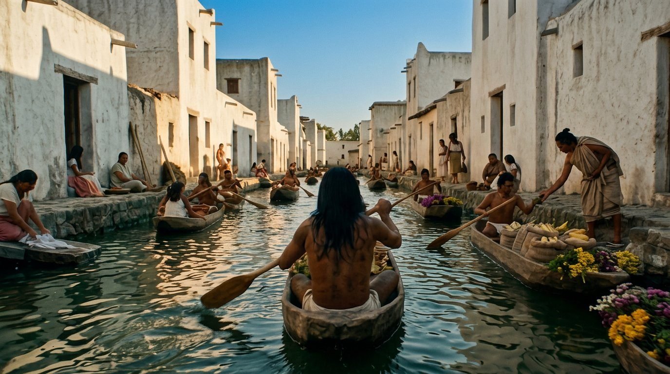 Canales y canoas de Tenochtitlan al atardecer