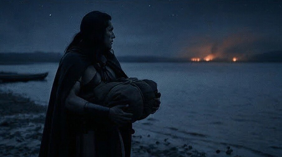 Figura nocturna junto al lago con Tenochtitlan ardiendo al fondo